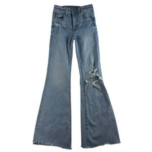 American Eagle Sz 0 Super High Rise Flare Jeans Next Level Ripped Busted Knee